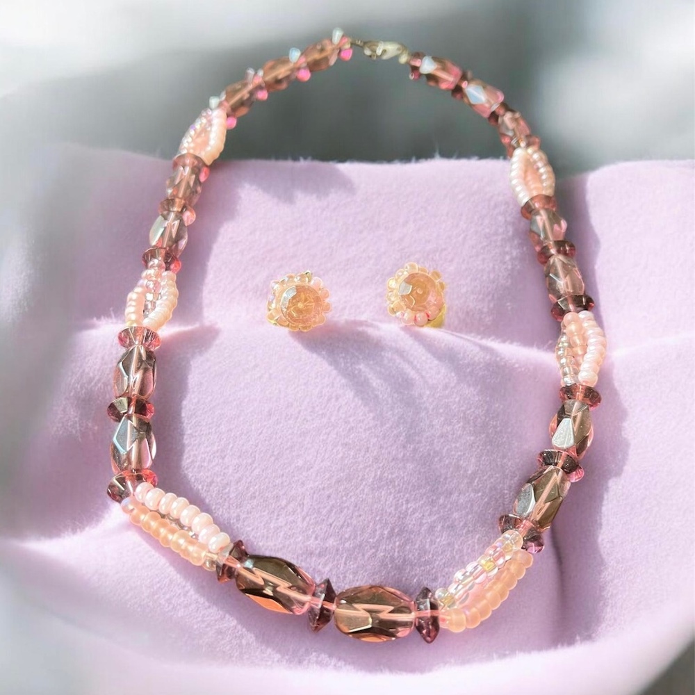 Vintage Beaded Pink Necklace with Clip Earring Set